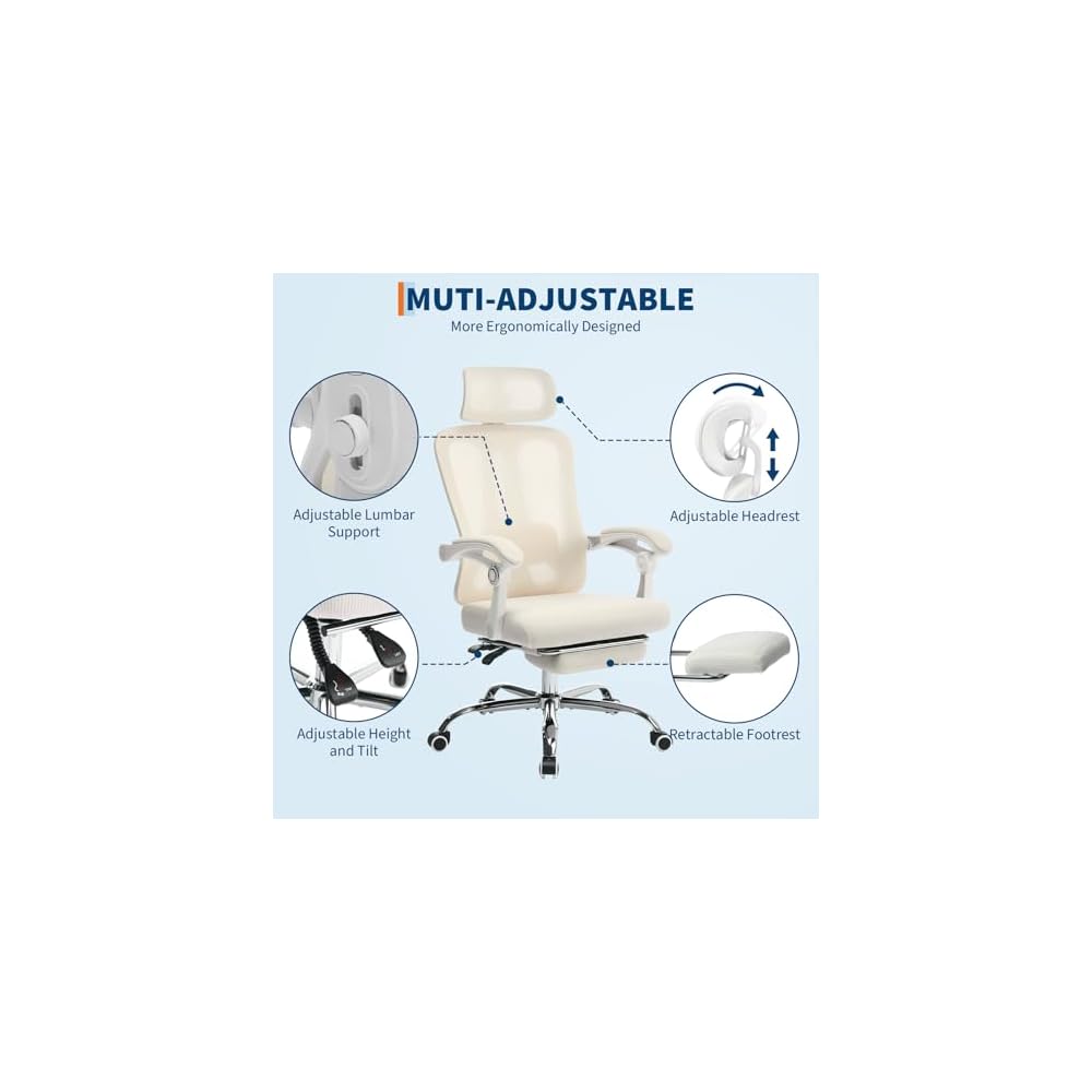 Ergonomic Office Chair with Adjustable Lumbar Support - Breathable Mesh Back & Retractable Footrest - 90°-135° Reclining Desk Chair with Headrest - 360° Swivel Executive Chair for Home Office