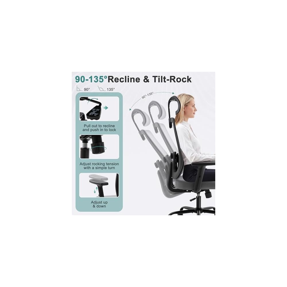 Shintenchi Ergonomic Office Chair, High Back Mesh Desk Chairs with Headrest & Lumbar Support Adjustable, 3-Level Tilt Backrest Comfortable Gaming Chair 330lbs Capacity, Big and Tall Rolling Chairs