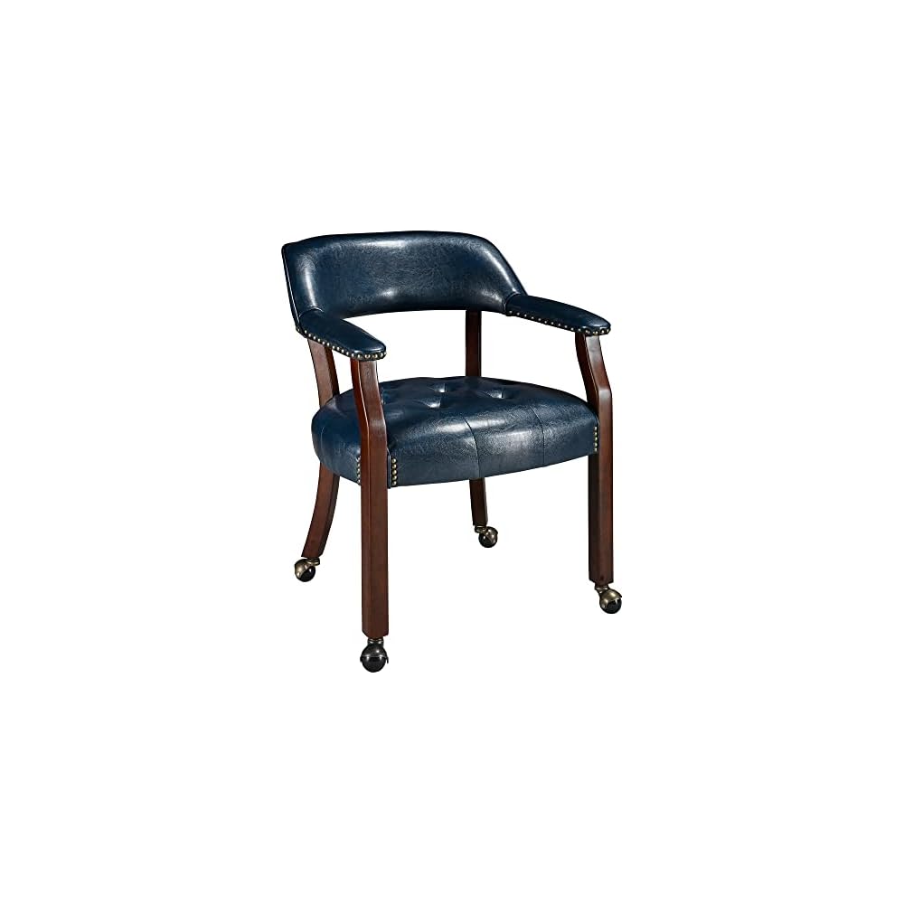 LEEMTORIG Large Dining Chairs with Casters and Arms, Rolling Dining Chairs with Wheels, Solid Wood Boss Caption's Chairs Office Desk Chairs, 26"D x 25.2"W x 31.5"H, Cherry Legs & Blue PU SY-1533-LB