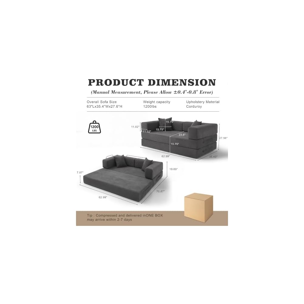 Sunny Heart 63" Convertible Futon Sofa Bed Boneless Couch for Living Room