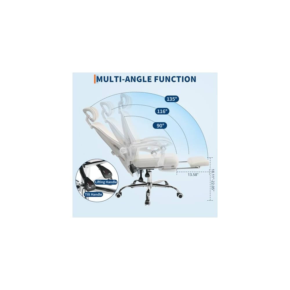 Ergonomic Office Chair with Adjustable Lumbar Support - Breathable Mesh Back & Retractable Footrest - 90°-135° Reclining Desk Chair with Headrest - 360° Swivel Executive Chair for Home Office