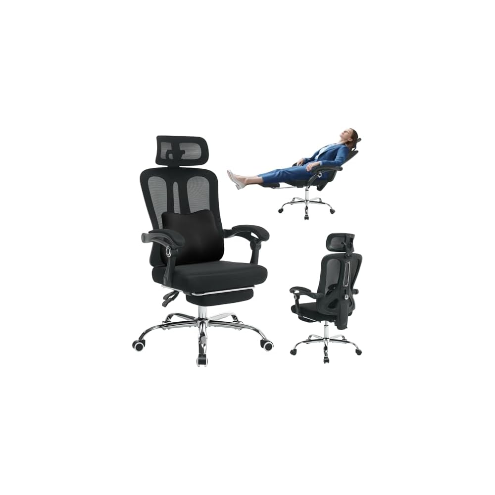 Ergonomic Office Chair with Adjustable Lumbar Support - Breathable Mesh Back & Retractable Footrest - 90°-135° Reclining Desk Chair with Headrest - 360° Swivel Executive Chair for Home Office