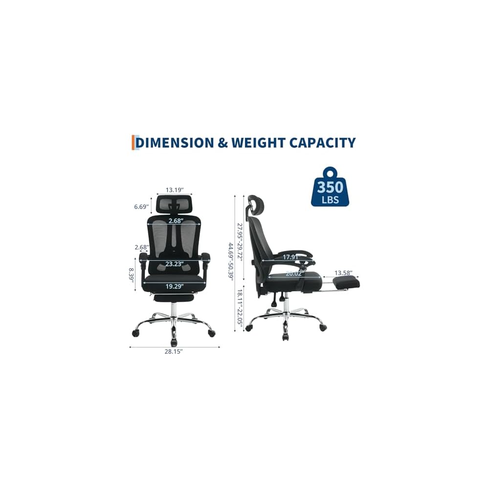 Ergonomic Office Chair with Adjustable Lumbar Support - Breathable Mesh Back & Retractable Footrest - 90°-135° Reclining Desk Chair with Headrest - 360° Swivel Executive Chair for Home Office