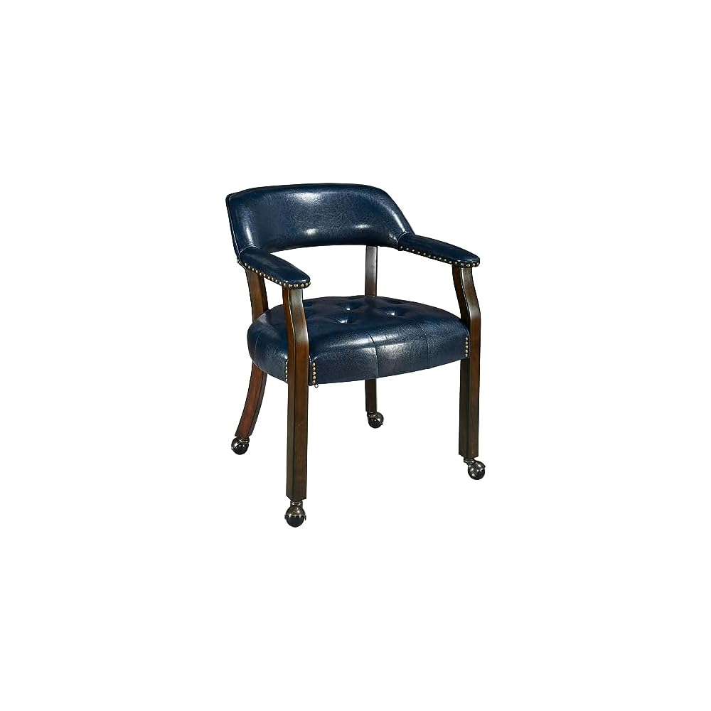 LEEMTORIG Large Dining Chairs with Casters and Arms, Rolling Dining Chairs with Wheels, Solid Wood Boss Caption's Chairs Office Desk Chairs, 26"D x 25.2"W x 31.5"H, Cherry Legs & Blue PU SY-1533-LB