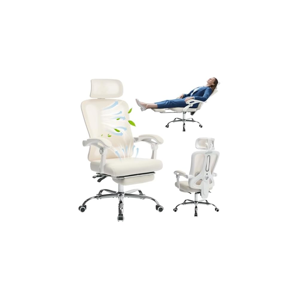 Ergonomic Office Chair with Adjustable Lumbar Support - Breathable Mesh Back & Retractable Footrest - 90°-135° Reclining Desk Chair with Headrest - 360° Swivel Executive Chair for Home Office