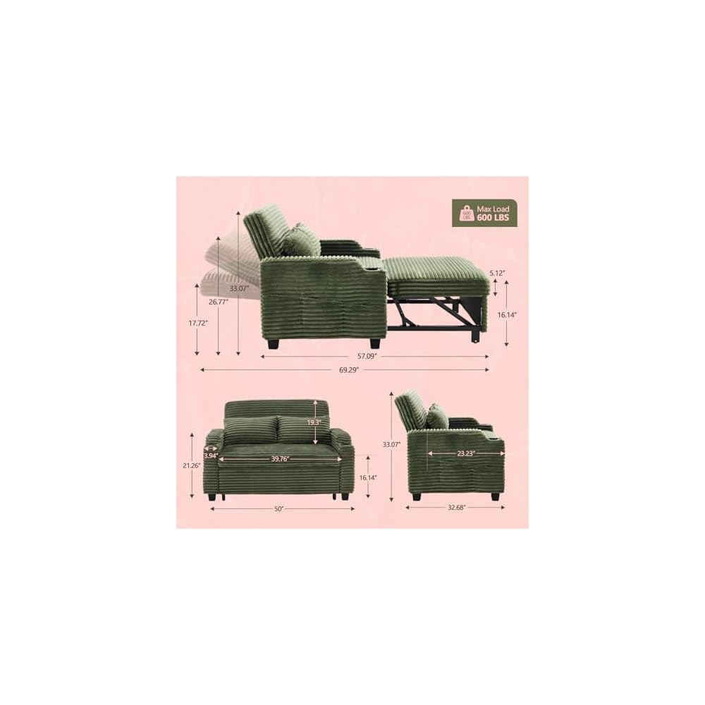 VINGLI Loveseat Sleeper Sofa Couch with Pull Out Chair Bed for Living Room