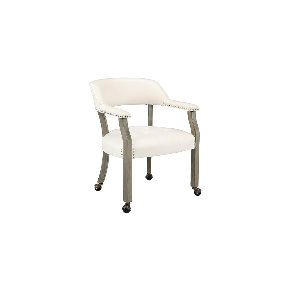 LEEMTORIG Large Dining Chairs with Casters and Arms, Rolling Dining Chairs with Wheels, Solid Wood Boss Caption's Chairs Office Desk Chairs, 26"D x 25.2"W x 31.5"H, Cherry Legs & Blue PU SY-1533-LB