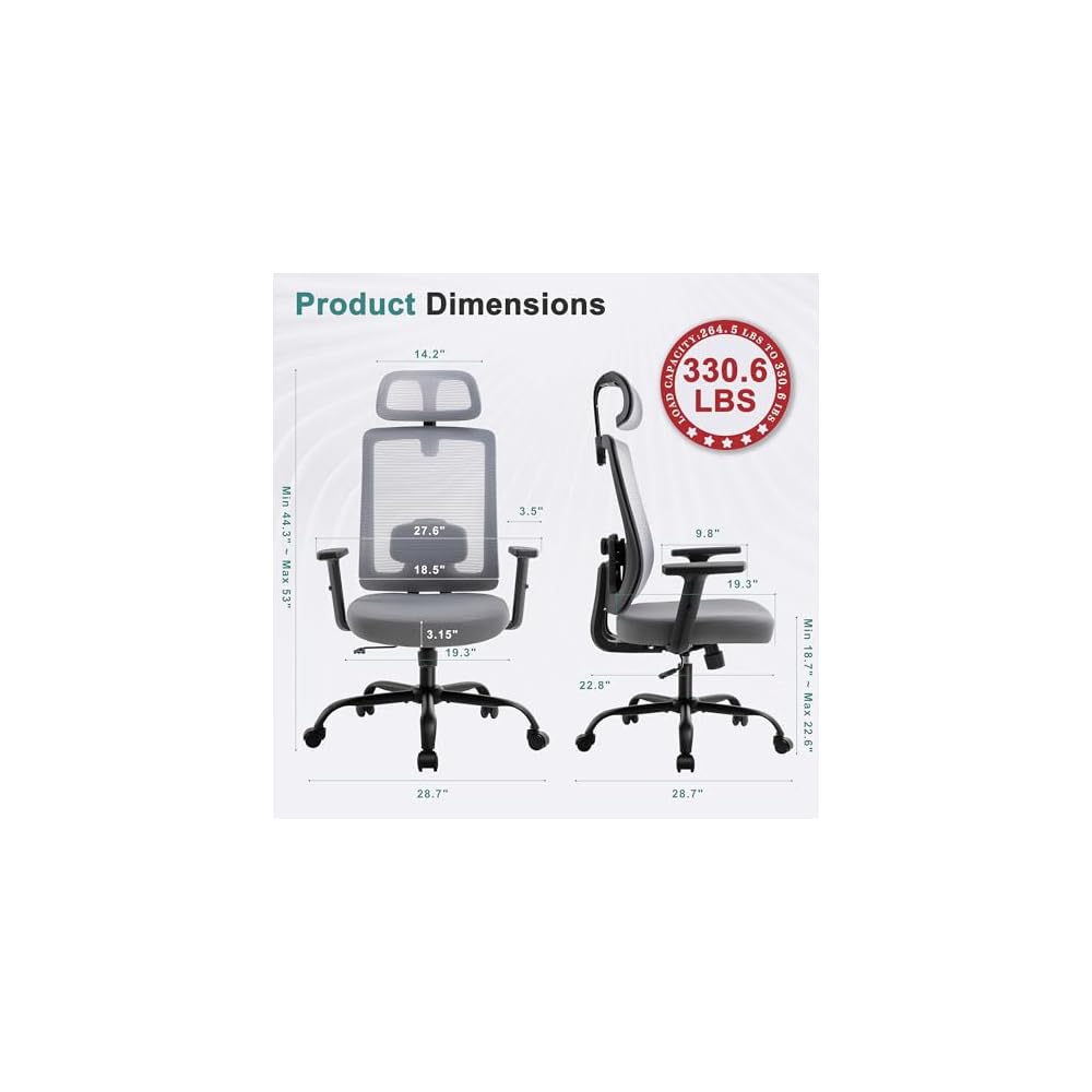 Shintenchi Ergonomic Office Chair, High Back Mesh Desk Chairs with Headrest & Lumbar Support Adjustable, 3-Level Tilt Backrest Comfortable Gaming Chair 330lbs Capacity, Big and Tall Rolling Chairs