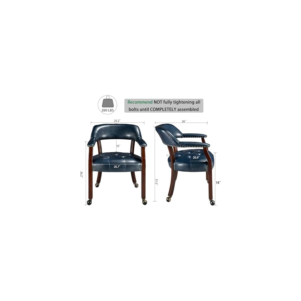 LEEMTORIG Large Dining Chairs with Casters and Arms, Rolling Dining Chairs with Wheels, Solid Wood Boss Caption's Chairs Office Desk Chairs, 26"D x 25.2"W x 31.5"H, Cherry Legs & Blue PU SY-1533-LB