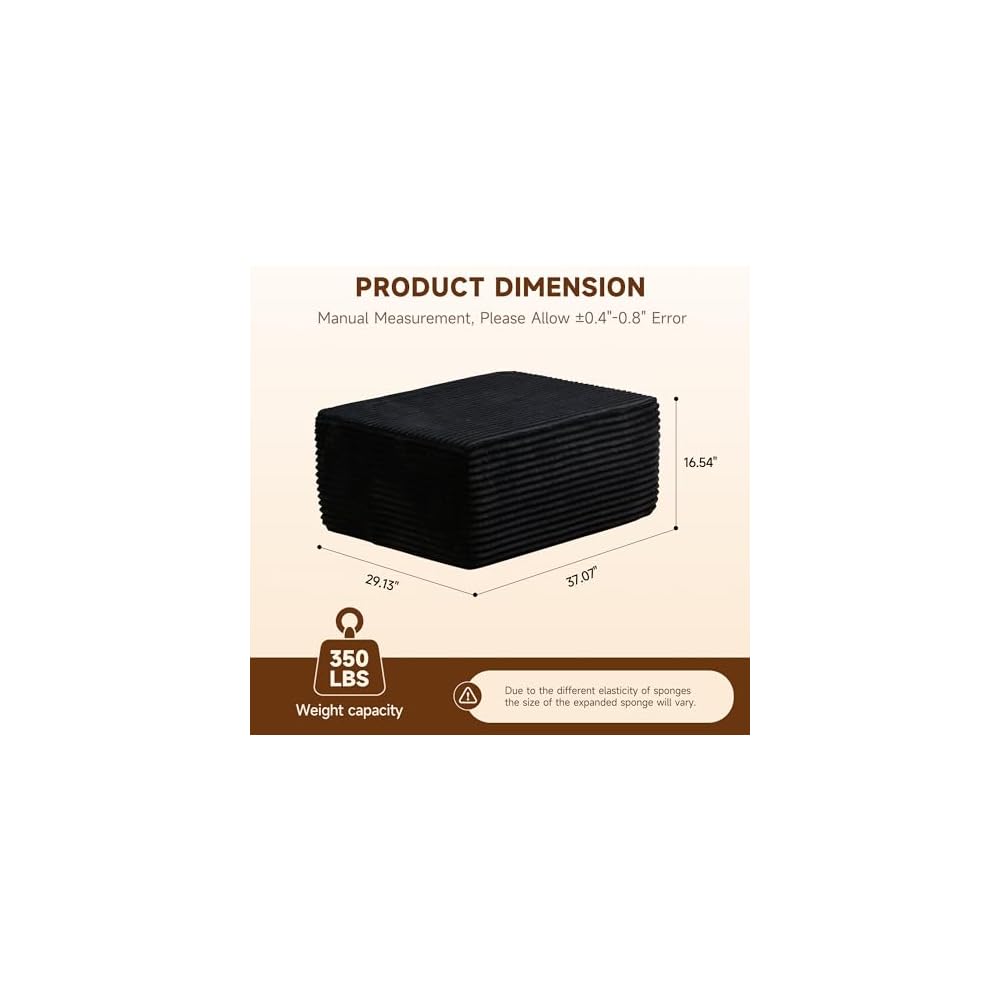 Sofa Couch Ottoman for Living Room Bedroom, Black (Plush Corduroy)