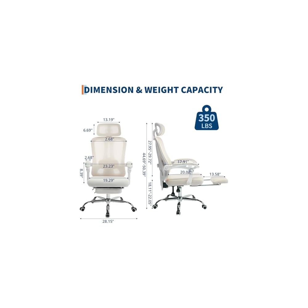 Ergonomic Office Chair with Adjustable Lumbar Support - Breathable Mesh Back & Retractable Footrest - 90°-135° Reclining Desk Chair with Headrest - 360° Swivel Executive Chair for Home Office