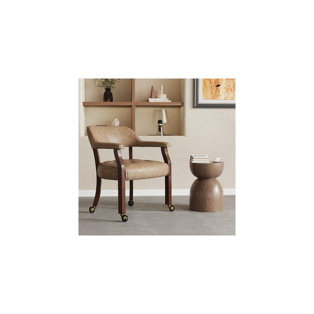 LEEMTORIG Large Dining Chairs with Casters and Arms, Rolling Dining Chairs with Wheels, Solid Wood Boss Caption's Chairs Office Desk Chairs, 26"D x 25.2"W x 31.5"H, Cherry Legs & Blue PU SY-1533-LB