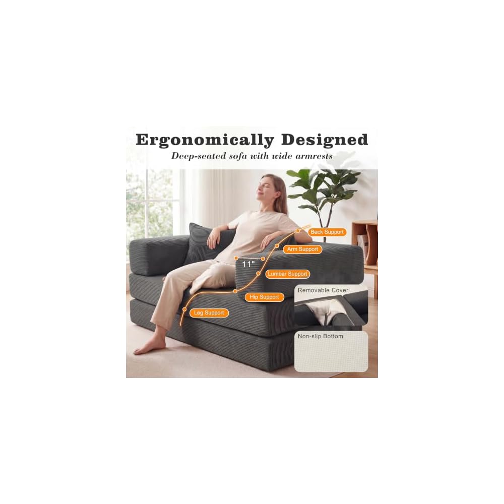 Sunny Heart 63" Convertible Futon Sofa Bed Boneless Couch for Living Room