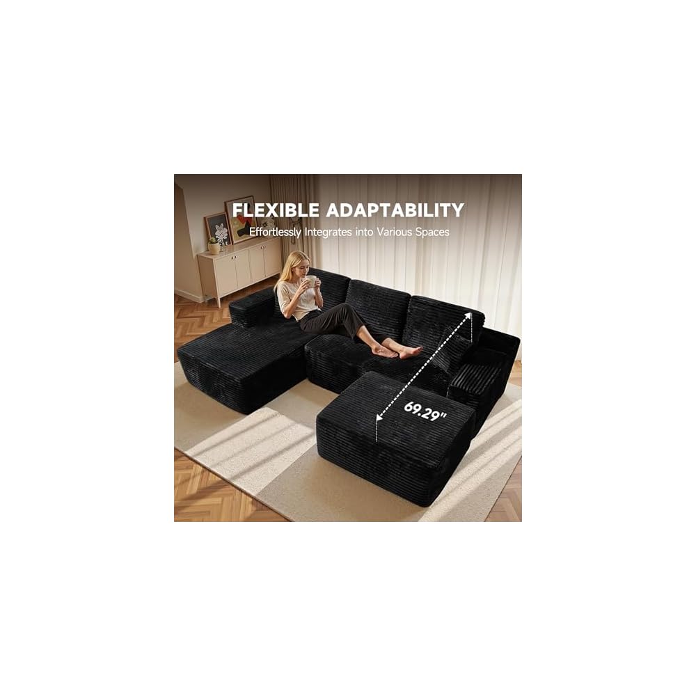 Sofa Couch Ottoman for Living Room Bedroom, Black (Plush Corduroy)