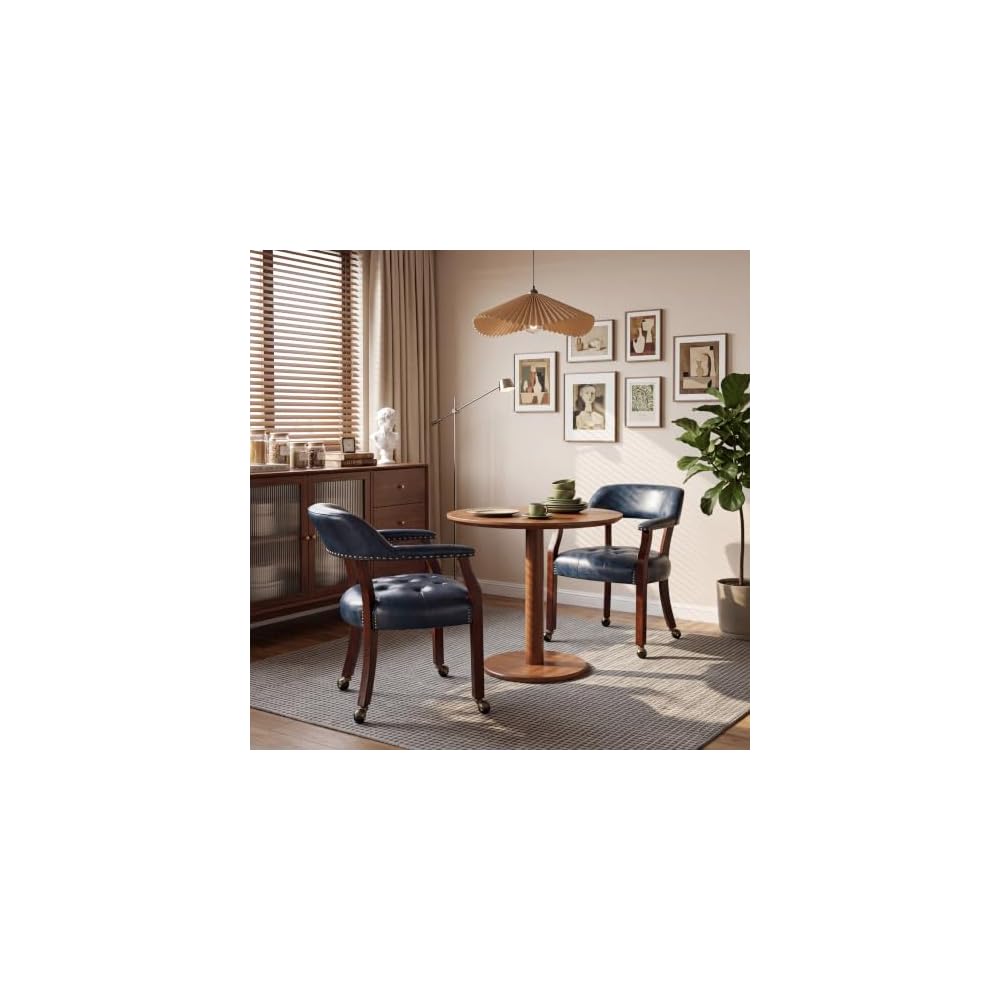LEEMTORIG Large Dining Chairs with Casters and Arms, Rolling Dining Chairs with Wheels, Solid Wood Boss Caption's Chairs Office Desk Chairs, 26"D x 25.2"W x 31.5"H, Cherry Legs & Blue PU SY-1533-LB
