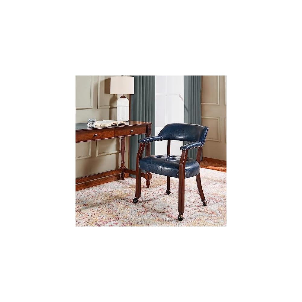 LEEMTORIG Large Dining Chairs with Casters and Arms, Rolling Dining Chairs with Wheels, Solid Wood Boss Caption's Chairs Office Desk Chairs, 26"D x 25.2"W x 31.5"H, Cherry Legs & Blue PU SY-1533-LB