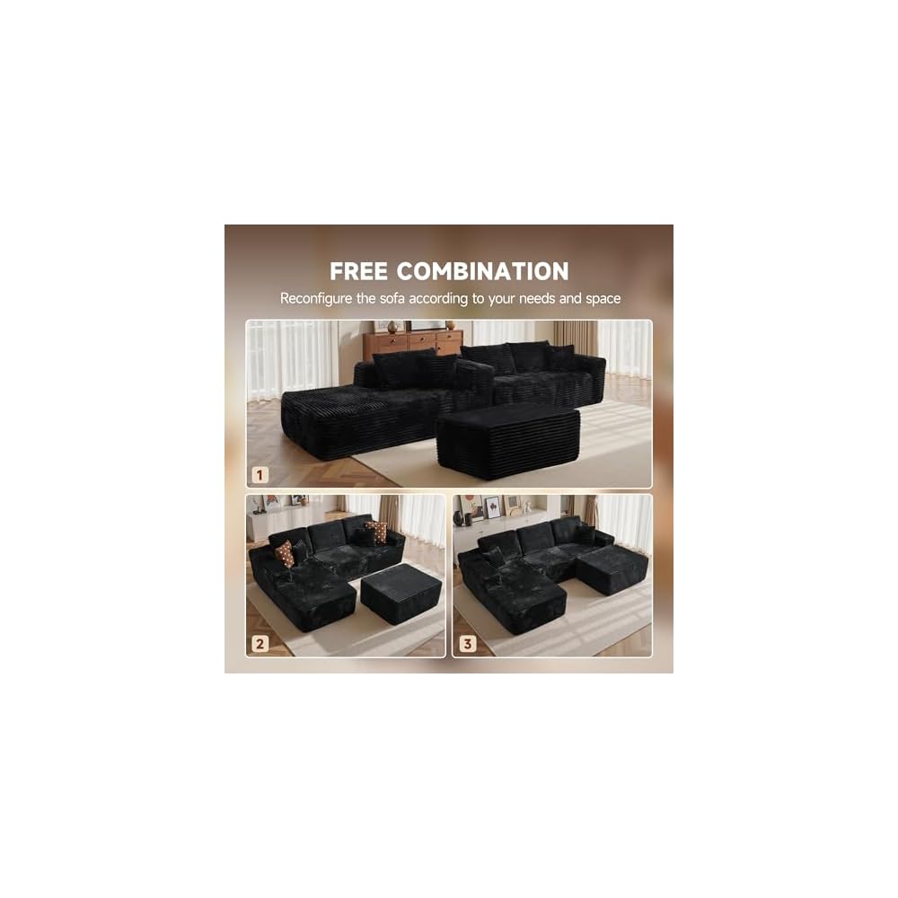 Sofa Couch Ottoman for Living Room Bedroom, Black (Plush Corduroy)