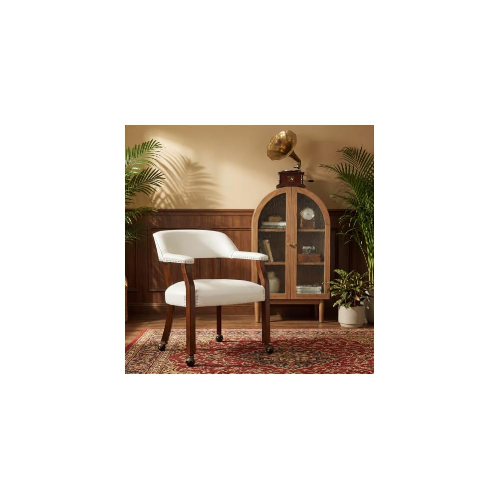 LEEMTORIG Large Dining Chairs with Casters and Arms, Rolling Dining Chairs with Wheels, Solid Wood Boss Caption's Chairs Office Desk Chairs, 26"D x 25.2"W x 31.5"H, Cherry Legs & Blue PU SY-1533-LB