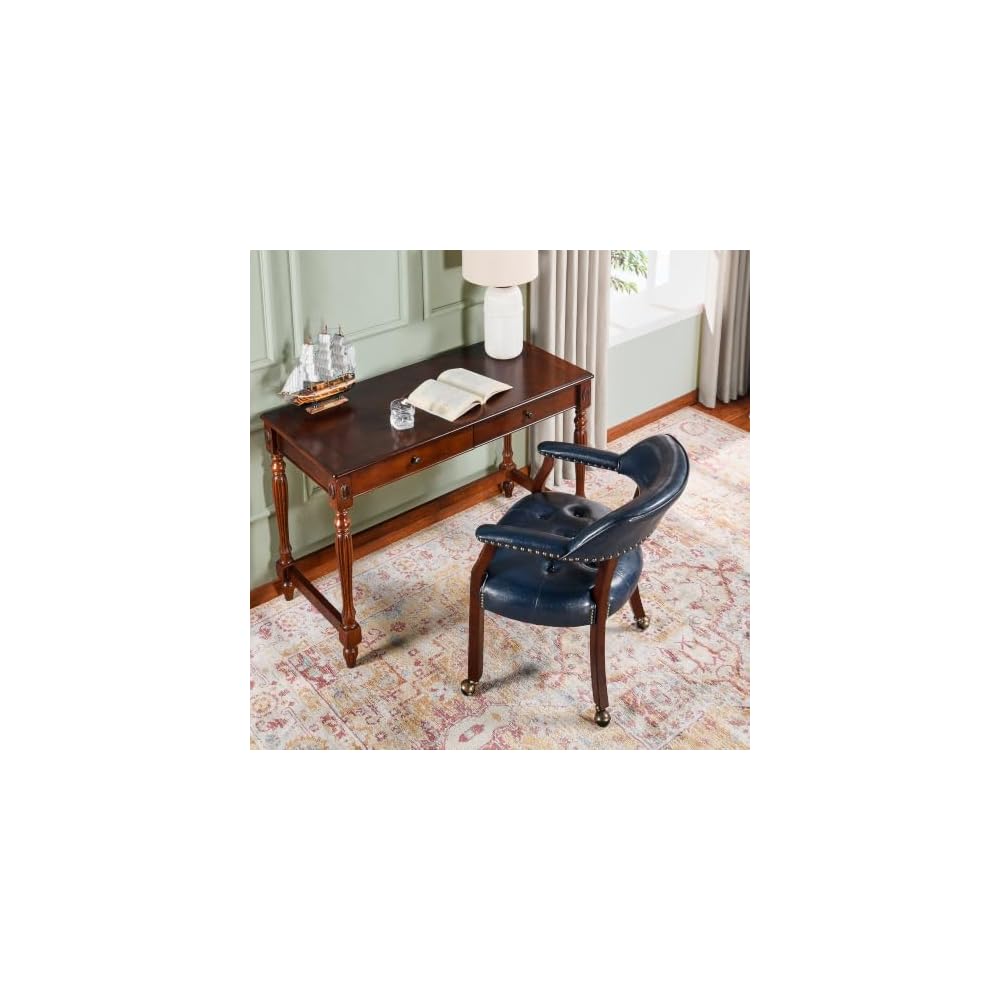 LEEMTORIG Large Dining Chairs with Casters and Arms, Rolling Dining Chairs with Wheels, Solid Wood Boss Caption's Chairs Office Desk Chairs, 26"D x 25.2"W x 31.5"H, Cherry Legs & Blue PU SY-1533-LB