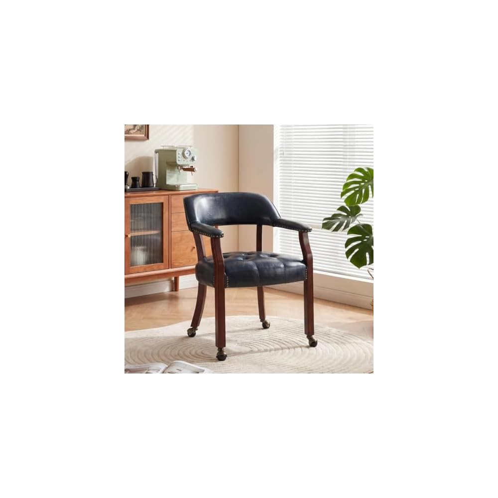LEEMTORIG Large Dining Chairs with Casters and Arms, Rolling Dining Chairs with Wheels, Solid Wood Boss Caption's Chairs Office Desk Chairs, 26"D x 25.2"W x 31.5"H, Cherry Legs & Blue PU SY-1533-LB