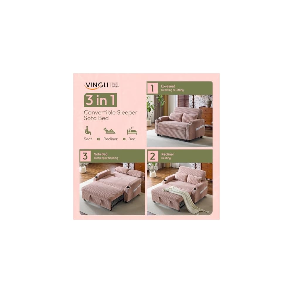 VINGLI Loveseat Sleeper Sofa Couch with Pull Out Chair Bed for Living Room