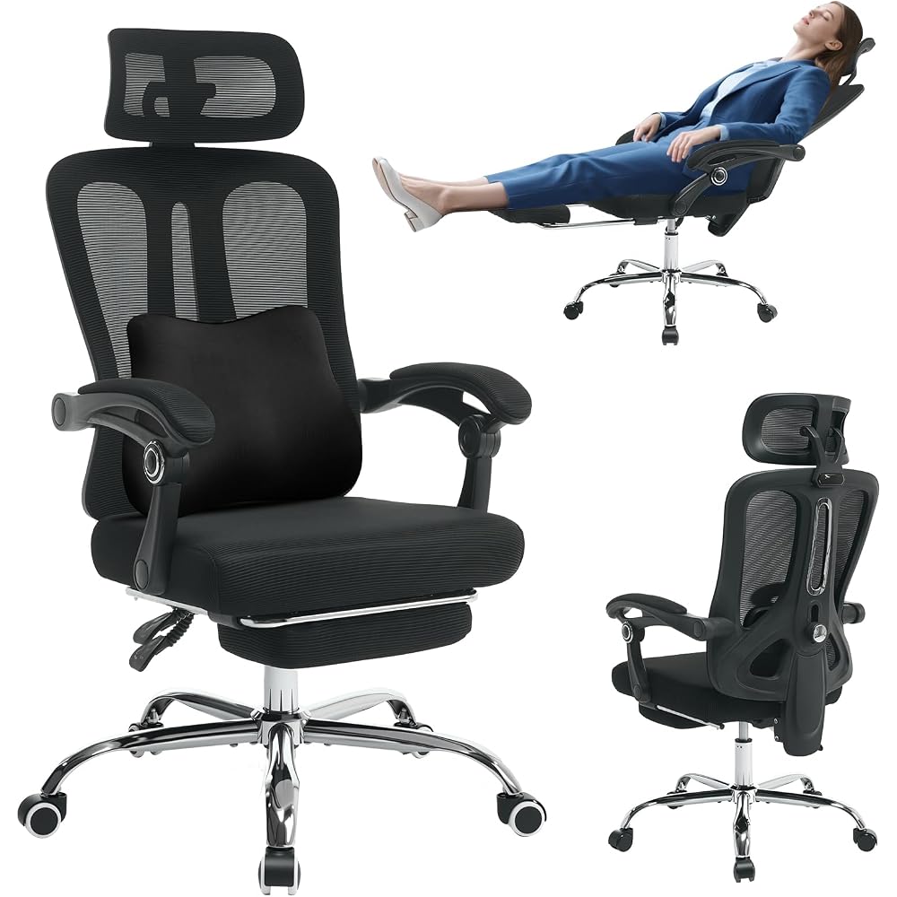 Ergonomic Office Chair with Adjustable Lumbar Support - Breathable Mesh Back & Retractable Footrest - 90°-135° Reclining Desk Chair with Headrest - 360° Swivel Executive Chair for Home Office