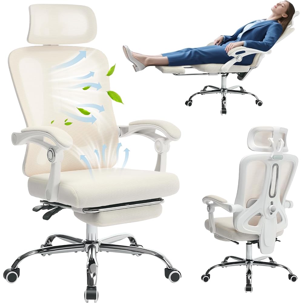 Ergonomic Office Chair with Adjustable Lumbar Support - Breathable Mesh Back & Retractable Footrest - 90°-135° Reclining Desk Chair with Headrest - 360° Swivel Executive Chair for Home Office