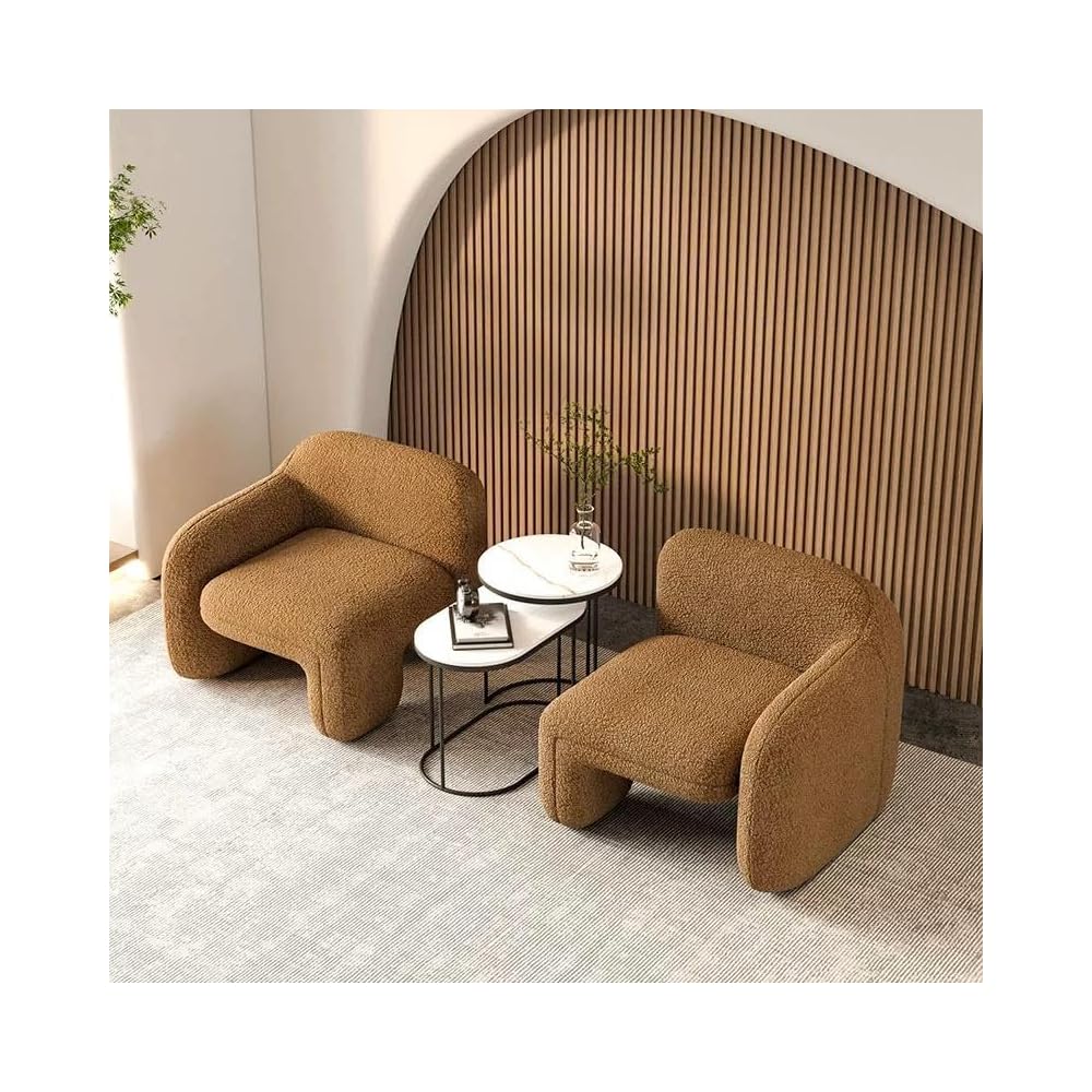 Camel Boucle Accent Chair with Curved Arms and Rounded Modern Design